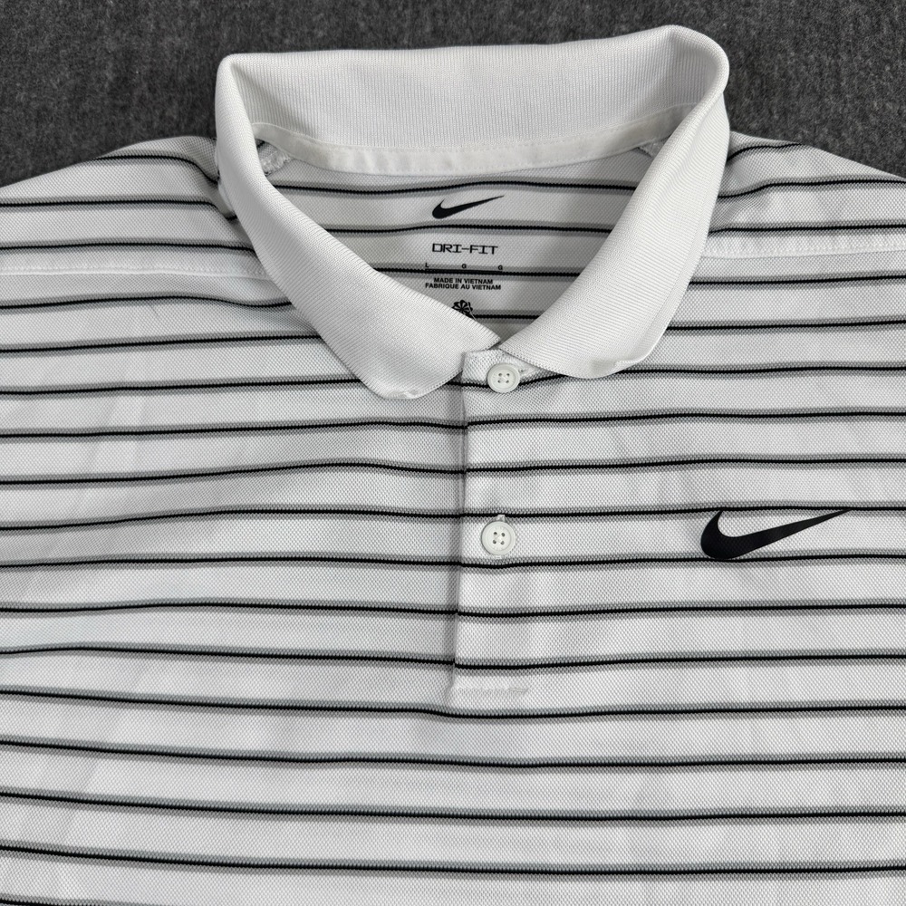 Nike Dri-FIT Men's L Golf Polo Shirt White Gray Black Striped Short Sleeve